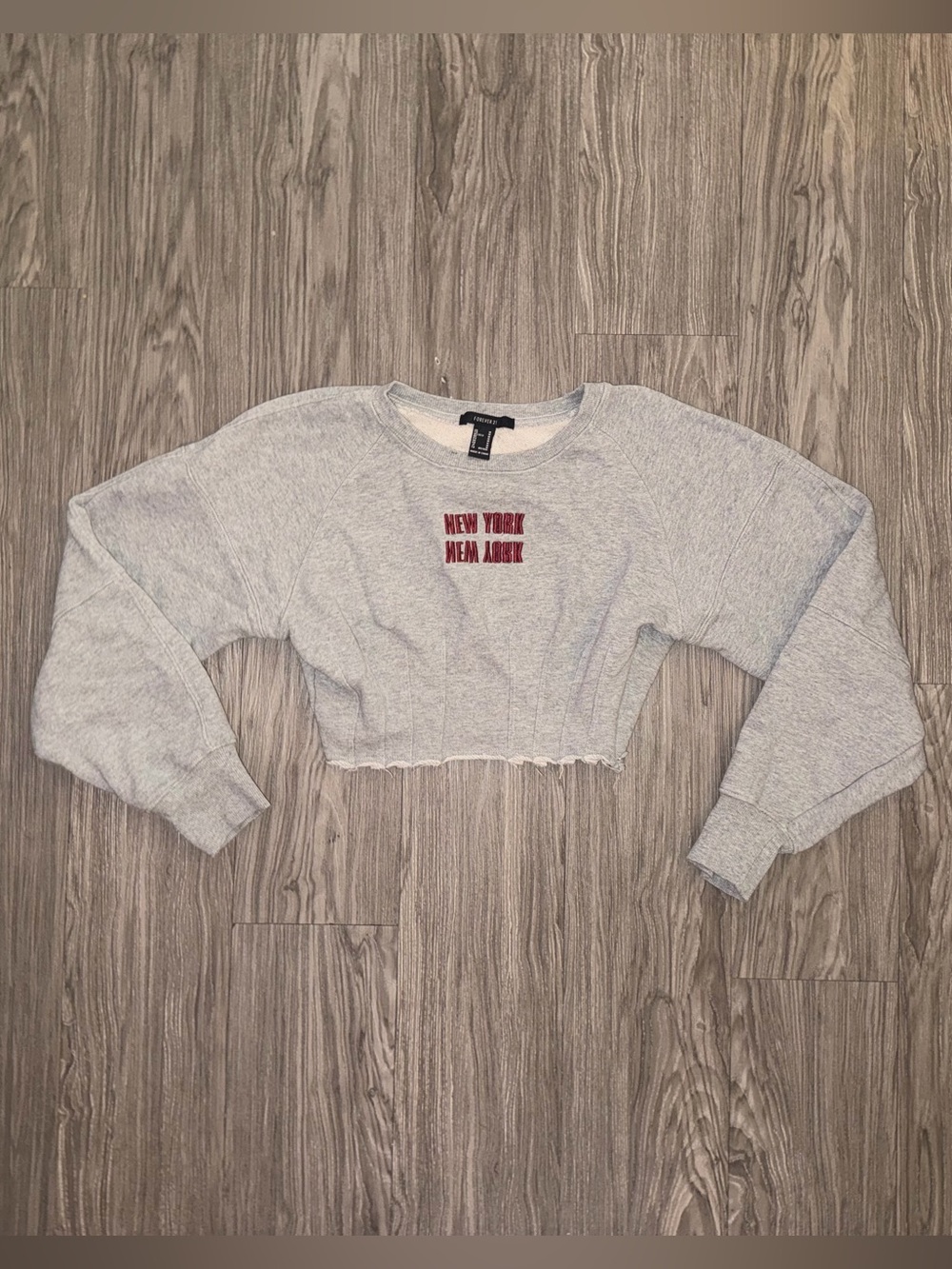 Forever 21 “New York” Cropped Crewneck Grey With Raw Hem & Corset Women’s Sz M